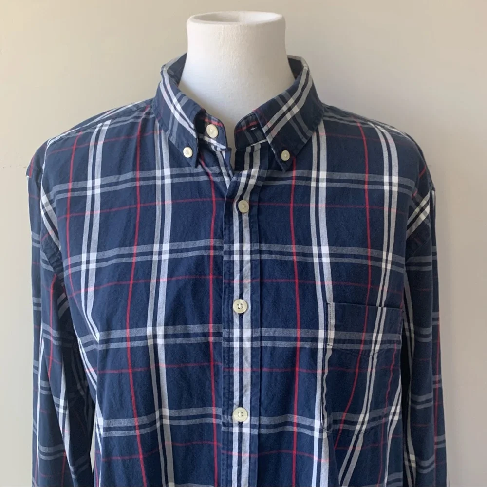 J. Crew Navy Plaid Tailored Fit Button Down Shirt Size Large